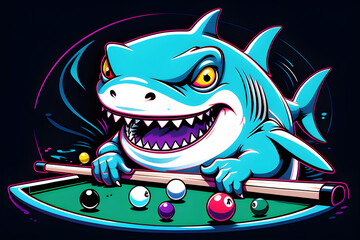 A cartoon illustration of a shark playing pool billiards - obrazy, fototapety, plakaty