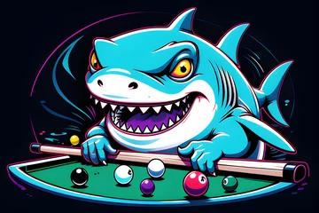 Foto op Plexiglas A cartoon illustration of a shark playing pool billiards © freelanceartist