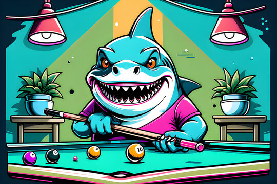 A cartoon illustration of a shark playing pool billiards
