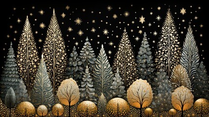 AI-generated illustration of a stylized forest on a magical winter night. MidJourney.