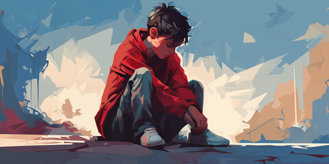 Depressed teenager boy sitting slumped symbolizing bad emotional state - obrazy, fototapety, plakaty