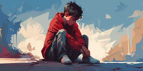Fotobehang Depressed teenager boy sitting slumped symbolizing bad emotional state © J. Grayscale