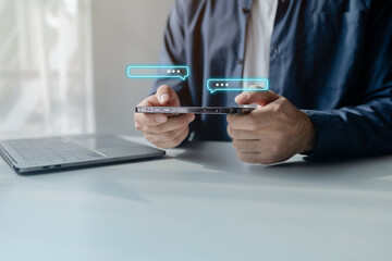 People typing messages, business people typing messages via online messaging app, sending data and chatting via wireless internet network. The concept of using wireless technology in communication.