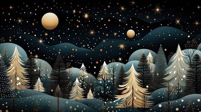 AI-generated illustration of a stylized forest on a magical winter night. MidJourney.