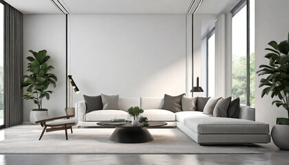 Modern white living room interior d rendering image. A blank wall with pure white. Decorate wall