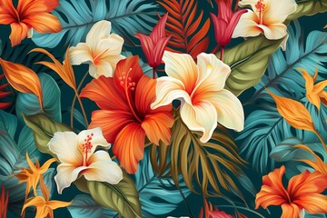 Seamless tropical pattern featuring Bali flowers and leaves in a 3D effect. Generative AI