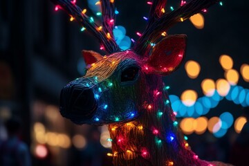 a red-nosed reindeer surrounded by colorful festive lights. Generative AI