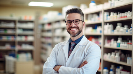 Male Pharmacist in a Pharmacy, Standing With Arms Crossed