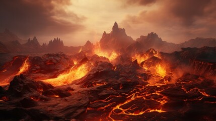 Flowing hot lava on the ground volcano wilderness landscape.