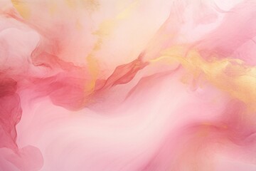 Beautiful abstract art banner with swirls of pink and coral colors, enhanced with glimmering gold powder. Generative AI