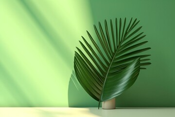 Simple abstract green background with bright sunlight and palm leaf shadow, creating a modern minimal showcase scene. Generative AI