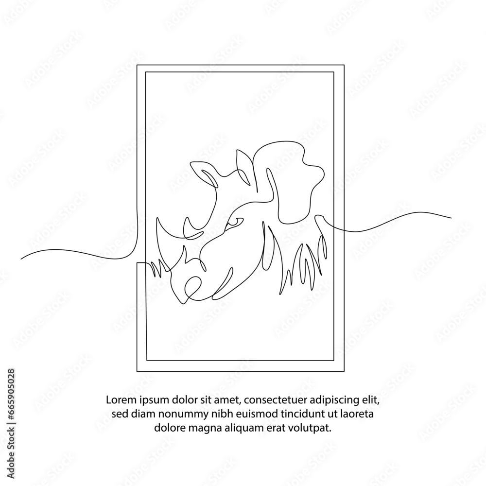 Poster one line of rhino head view poster drawing with a beautiful frame. abstract minimal continuous line 