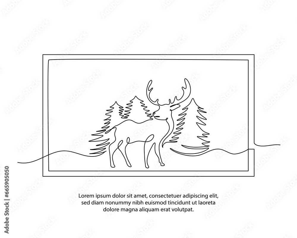 Poster one line a view of deer in the forest poster drawing with a beautiful frame. abstract minimal contin