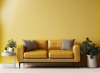 modern minimalist living room interior with leather sofa on empty yellow wall, coffee table. AI Generated.