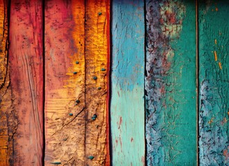 Old grungy colorful wood background. AI Generated.