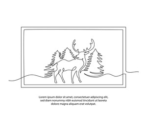 One line a view of deer in the forest poster drawing with a beautiful frame. Abstract minimal continuous line wall decor.