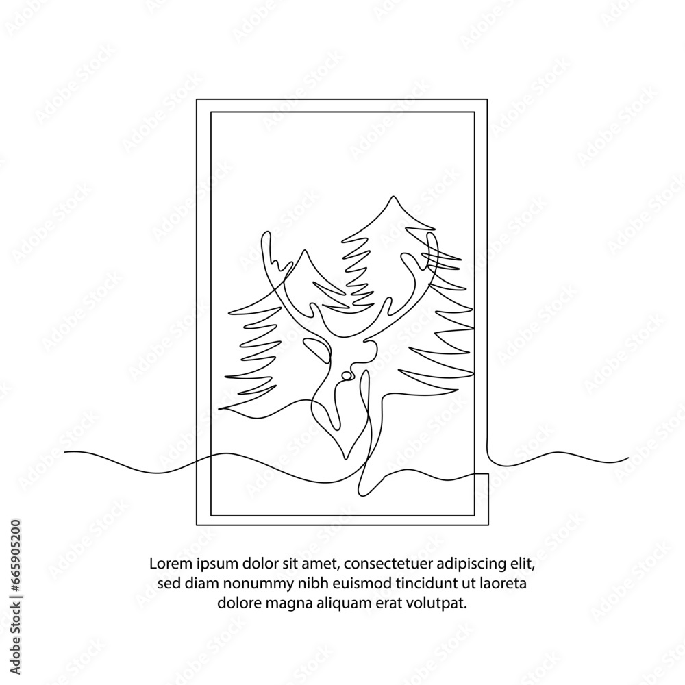 Poster one line a view of deer in the forest poster drawing with a beautiful frame. abstract minimal contin