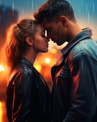 Beautiful young couple kissing under the rain in the city street at night