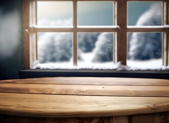 table and winter window in background with copy space. AI Generated.