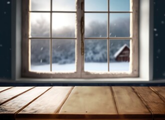 table and winter window in background with copy space. AI Generated.