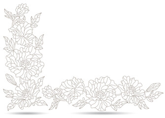 Set of contour stained glass illustrations with poppies  flowers  , dark contours on white background