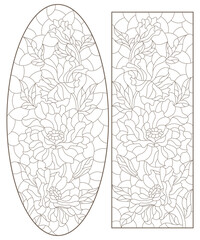 Set of contour stained glass illustrations with poppies  flowers  , dark contours on white background