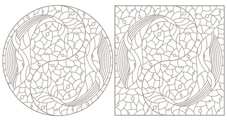 Set of contour illustrations with whales,  dark contours on a light background