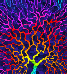 An illustration in the style of a stained glass window with an abstract bright tree on the background of the night sky