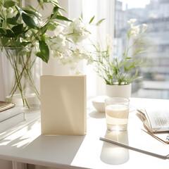 Desk beside a window, with a pen and book. White vase with flowers, morning sunshine, work from home