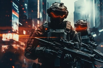Futuristic special force soldiers, Cyberpunk warrior portrait in neon light background
