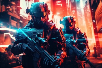 Fototapeta na wymiar Futuristic special force soldiers, Cyberpunk warrior portrait in neon light background