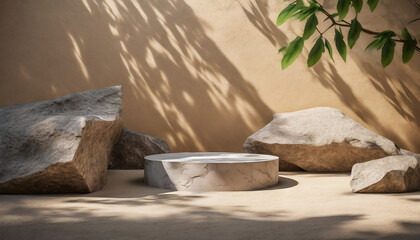Product podium made of rock on beige wall with tree sunshade shadow. Abstract geometric stone stage background for product presentation. d rendering podium mockup