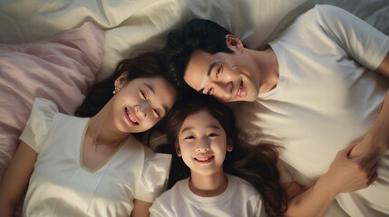 Happy Asian family lying on bed in bedroom. - obrazy, fototapety, plakaty