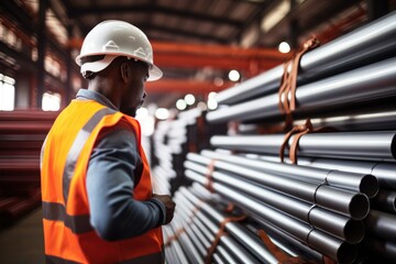 Operating machine quality control engineer inspecting steel pipe material at factory warehouse. - obrazy, fototapety, plakaty