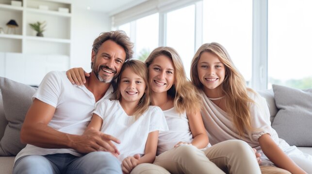 Happy family smiling and embracing while together at couch living home