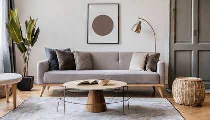 Round coffee table near grey sofa against white wall with art frame. Scandinavian home interior design of modern living room
