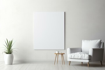 bright studio interior with empty white poster. Generative AI