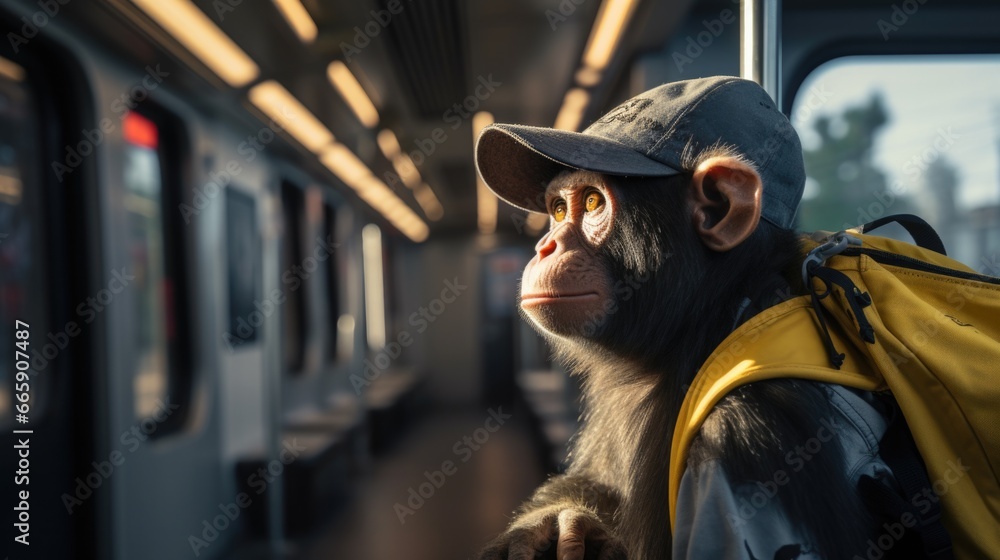 Poster a monkey with a backpack on a train. generative ai.