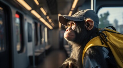 A monkey with a backpack on a train. Generative AI. - obrazy, fototapety, plakaty