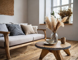 Rustic accent coffee table near sofa. Scandinavian home interior design of modern living room in farmhouse