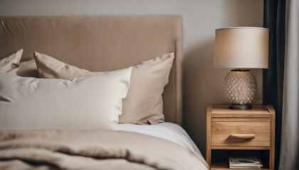 Bed with a beige headboard and white linens, and the nightstand has a wooden drawer and a lamp with a textured base.