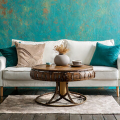 Rustic round coffee table near white sofa against turquoise wall