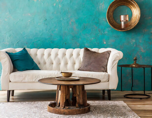 Rustic round coffee table near white sofa against turquoise wall 