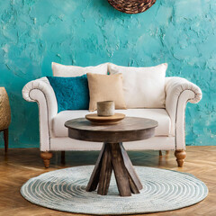Rustic round coffee table near white sofa against turquoise wall