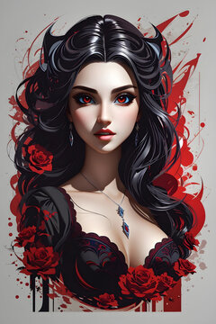 a woman with long black hair and red roses, beautiful vampire queen, detailed art. ai generative