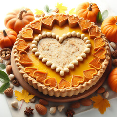 Delicious heart shape pumpkin pie on white background