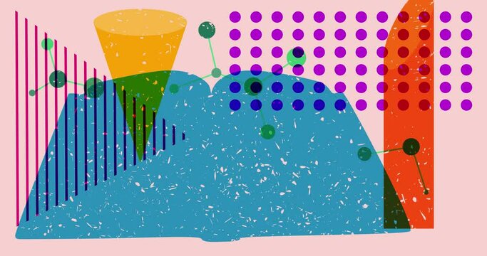 Book and colorful geometric shapes animation. Educational Object in trendy riso graph design. Geometry elements abstract risograph print texture style video.
