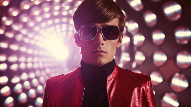 Fashion retro futuristic boy in surrealistic 60s-70s disco club culture life style