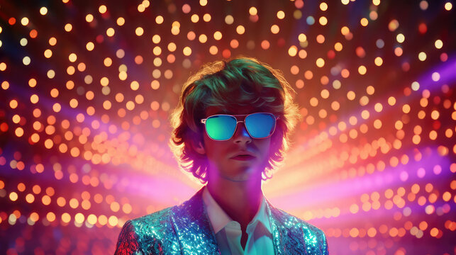 Fashion retro futuristic boy in surrealistic 60s-70s disco club culture life style