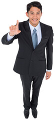 Digital png photo of happy biracial businessman pointing on transparent background